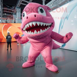 Pink Megalodon mascot costume character dressed with a Jumpsuit and Hairpins