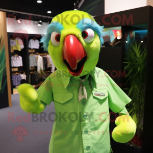 Lime Green Macaw mascot costume character dressed with a Button-Up Shirt and Cufflinks
