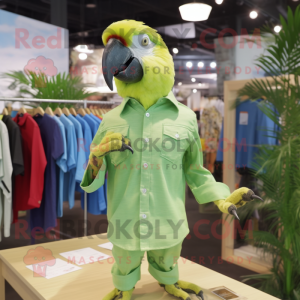 Lime Green Macaw mascot costume character dressed with a Button-Up Shirt and Cufflinks