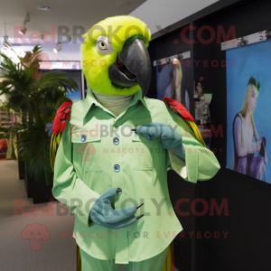 Lime Green Macaw mascot costume character dressed with a Button-Up Shirt and Cufflinks