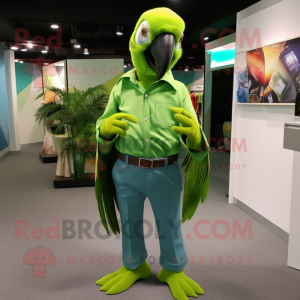 Lime Green Macaw mascot costume character dressed with a Button-Up Shirt and Cufflinks