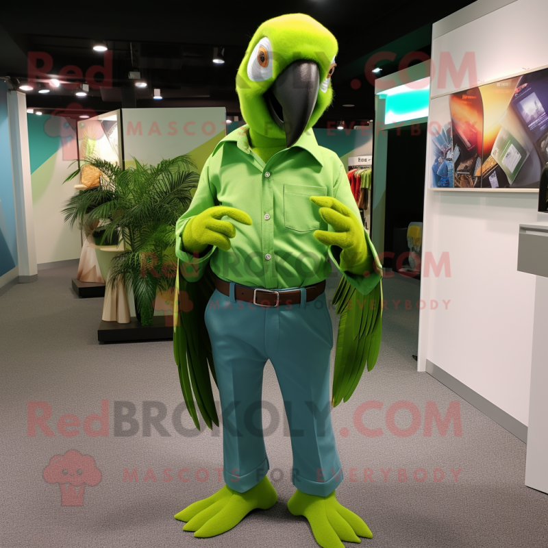 Lime Green Macaw mascot costume character dressed with a Button-Up Shirt and Cufflinks