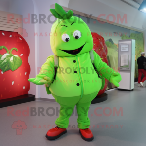 Lime Green Strawberry mascot costume character dressed with a Parka and Backpacks