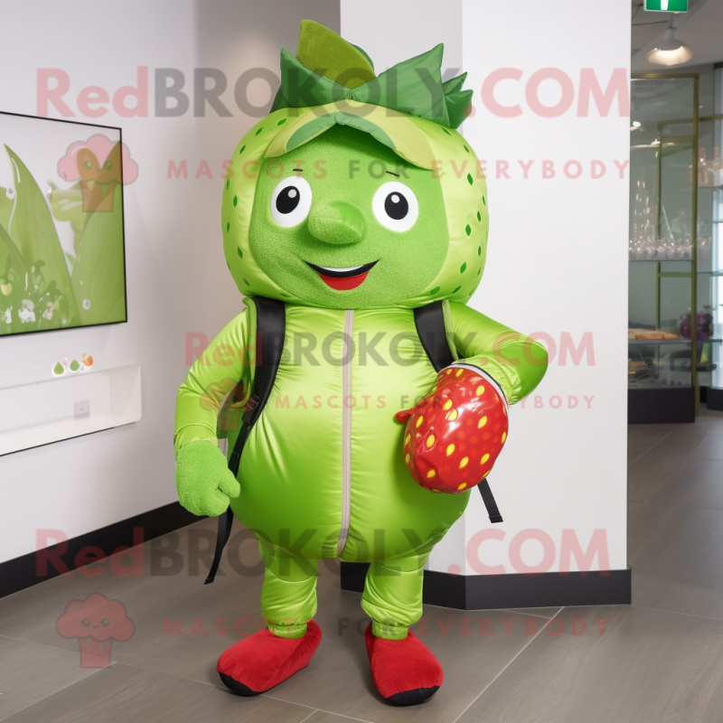 Lime Green Strawberry mascot costume character dressed with a Parka and Backpacks Lime Green Strawberry mascot costume character dressed with a Parka and Backpacks