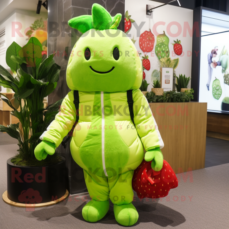 Lime Green Strawberry mascot costume character dressed with a Parka and Backpacks