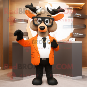 Orange Elk mascot costume character dressed with a Tuxedo and Eyeglasses