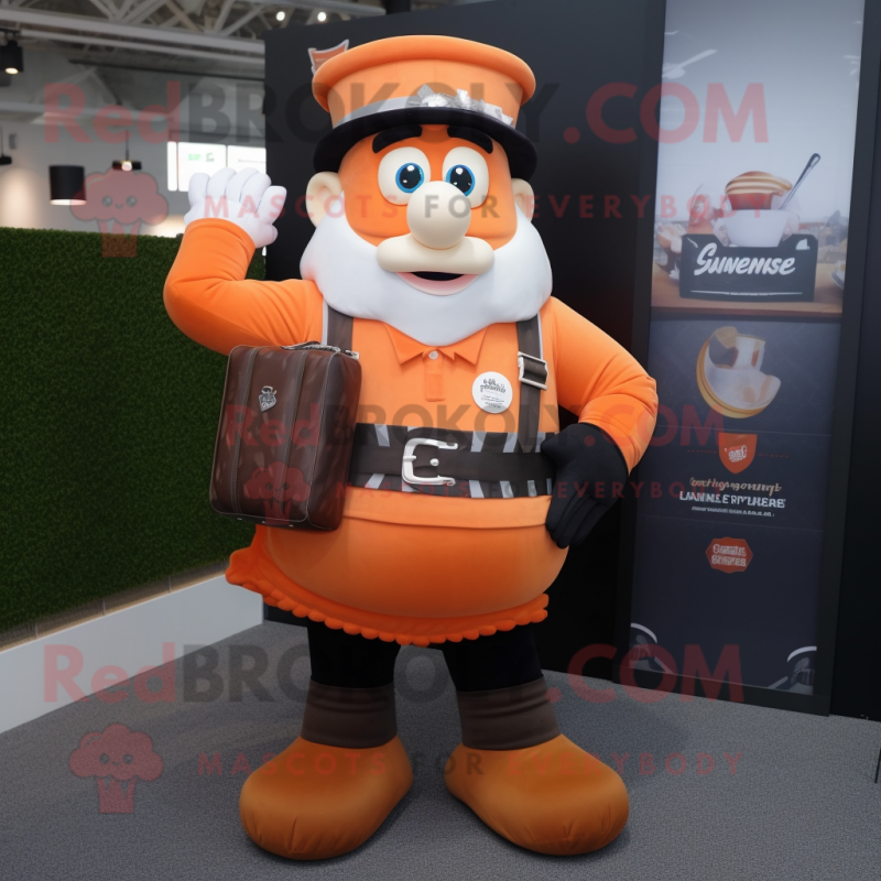 Orange Guinness mascot costume character dressed with a Vest and Messenger bags