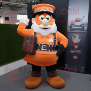 Orange Guinness mascot costume character dressed with a Vest and Messenger bags