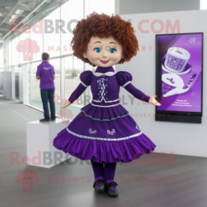 Purple Irish Dancer mascot costume character dressed with a A-Line Skirt and Hair clips