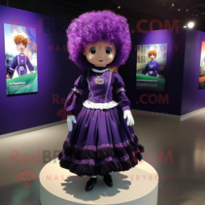Purple Irish Dancer mascot costume character dressed with a A-Line Skirt and Hair clips
