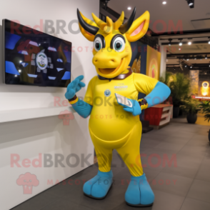 Yellow Zebu mascot costume character dressed with a T-Shirt and Smartwatches