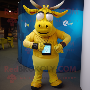 Yellow Zebu mascot costume character dressed with a T-Shirt and Smartwatches