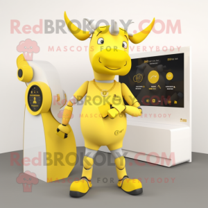 Yellow Zebu mascot costume character dressed with a T-Shirt and Smartwatches