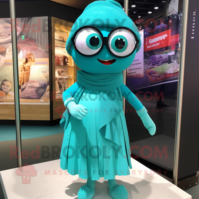 Turquoise Bracelet mascot costume character dressed with a Wrap Dress and Eyeglasses Turquoise Bracelet mascot costume character dressed with a Wrap Dress and Eyeglasses