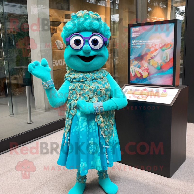 Turquoise Bracelet mascot costume character dressed with a Wrap Dress and Eyeglasses Turquoise Bracelet mascot costume character dressed with a Wrap Dress and Eyeglasses
