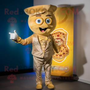 Gold Pizza mascot costume character dressed with a Chinos and Pocket squares