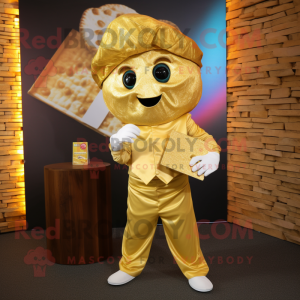 Gold Pizza mascot costume character dressed with a Chinos and Pocket squares