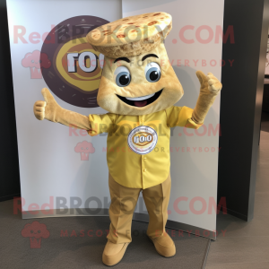 Gold Pizza mascot costume character dressed with a Chinos and Pocket squares