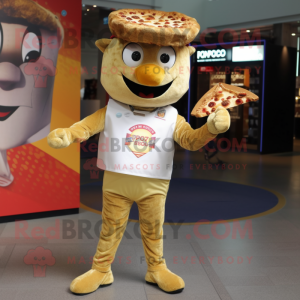 Gold Pizza mascot costume character dressed with a Chinos and Pocket squares