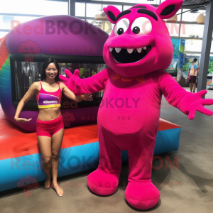 Magenta Steak mascot costume character dressed with a One-Piece Swimsuit and Anklets