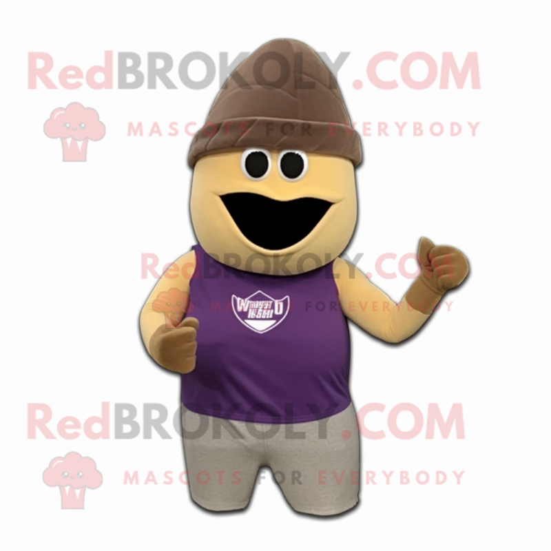 Beige Eggplant mascot costume character dressed with a Tank Top and Caps