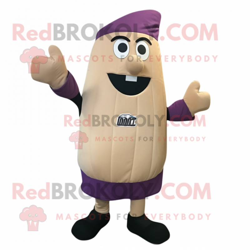 Beige Eggplant mascot costume character dressed with a Tank Top and Caps Beige Eggplant mascot costume character dressed with a Tank Top and Caps