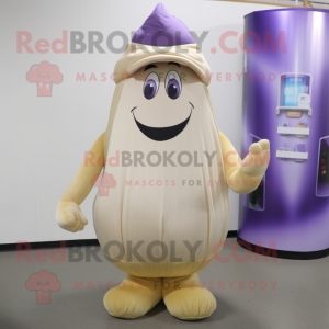 Beige Eggplant mascot costume character dressed with a Tank Top and Caps
