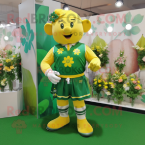 Lemon Yellow Bunch Of Shamrocks mascot costume character dressed with a Rugby Shirt and Lapel pins