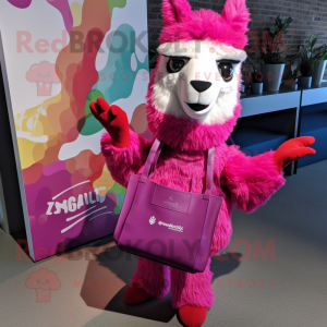 Magenta Llama mascot costume character dressed with a Jumpsuit and Tote bags