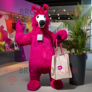 Magenta Llama mascot costume character dressed with a Jumpsuit and Tote bags