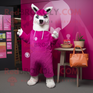 Magenta Llama mascot costume character dressed with a Jumpsuit and Tote bags