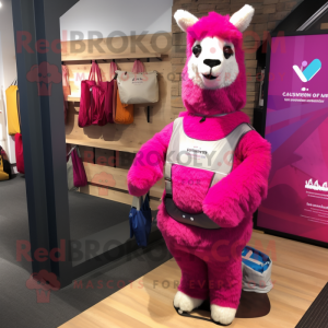 Magenta Llama mascot costume character dressed with a Jumpsuit and Tote bags