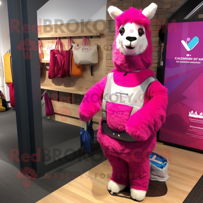 Magenta Llama mascot costume character dressed with a Jumpsuit and Tote bags Magenta Llama mascot costume character dressed with a Jumpsuit and Tote bags