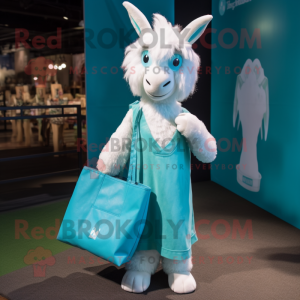 Cyan Angora Goat mascot costume character dressed with a Shift Dress and Tote bags