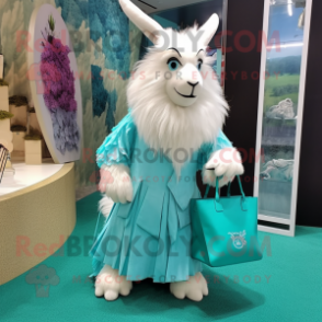 Cyan Angora Goat mascot costume character dressed with a Shift Dress and Tote bags