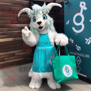 Cyan Angora Goat mascot costume character dressed with a Shift Dress and Tote bags