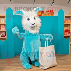 Cyan Angora Goat mascot costume character dressed with a Shift Dress and Tote bags