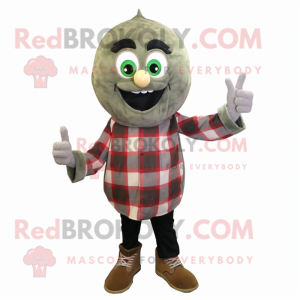 Olive Onion mascot costume character dressed with a Flannel Shirt and Rings