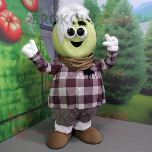 Olive Onion mascot costume character dressed with a Flannel Shirt and Rings