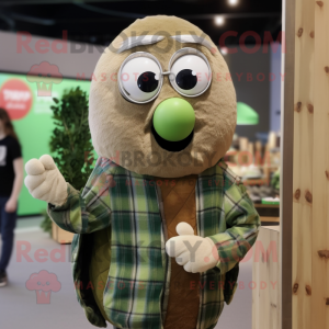 Olive Onion mascot costume character dressed with a Flannel Shirt and Rings