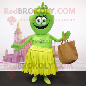 Lime Green Paella mascot costume character dressed with a Pleated Skirt and Tote bags