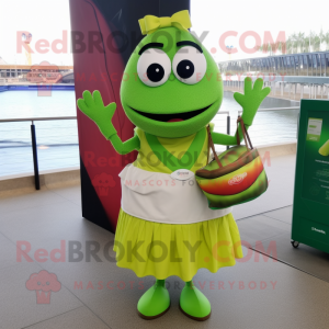 Lime Green Paella mascot costume character dressed with a Pleated Skirt and Tote bags