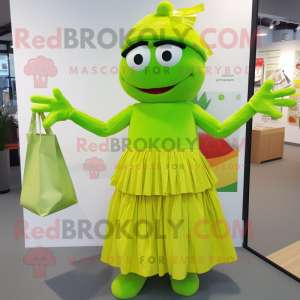 Lime Green Paella mascot costume character dressed with a Pleated Skirt and Tote bags