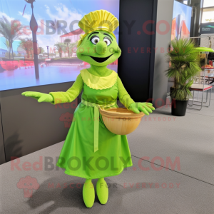 Lime Green Paella mascot costume character dressed with a Pleated Skirt and Tote bags