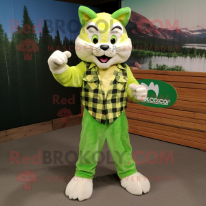 Lime Green Bobcat mascot costume character dressed with a Flannel Shirt and Anklets
