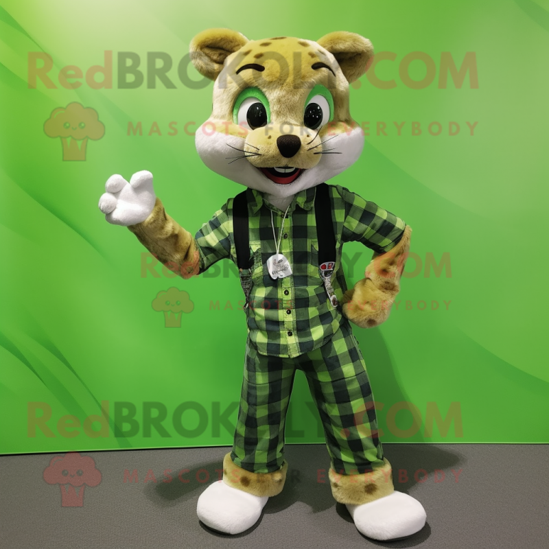 Lime Green Bobcat mascot costume character dressed with a Flannel Shirt and Anklets