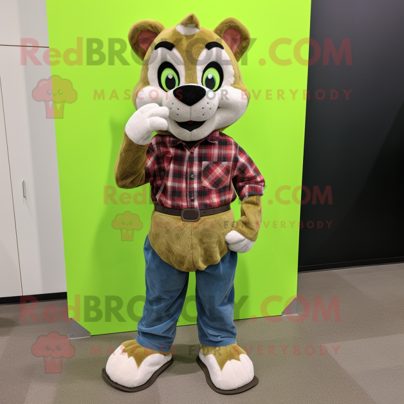 Lime Green Bobcat mascot costume character dressed with a Flannel Shirt and Anklets