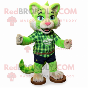 Lime Green Bobcat mascot costume character dressed with a Flannel Shirt and Anklets
