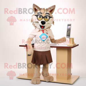 Tan Wolf mascot costume character dressed with a Pencil Skirt and Reading glasses