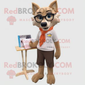 Tan Wolf mascot costume character dressed with a Pencil Skirt and Reading glasses